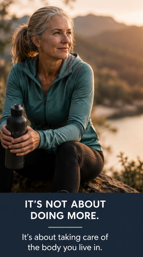 Older woman sitting outside with a water bottle. Image says, "It's not about doing more, its about taking care of the body you live in."