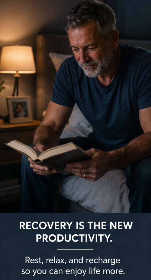 Older man sitting and reading. Image says, "Recovery is the new productivity. Rest, relax and recharge so you can enjoy life more."