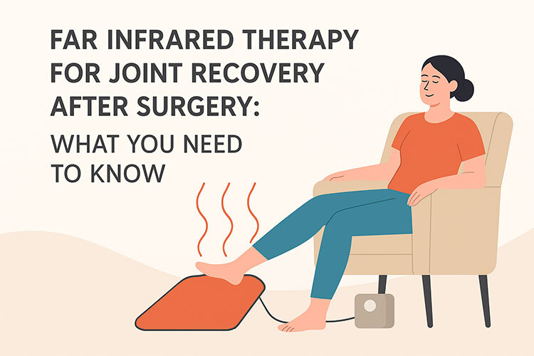 Illustration of a lady in a chair with her ankle and foot on top of a far infrared therapy mat.