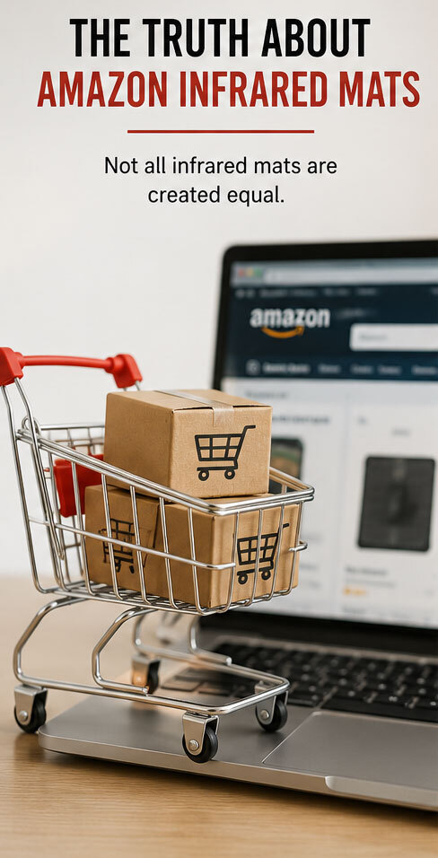 Shopping cart with Amazon boxes in it in front of a laptop with Amazon website displaying. Text above reads "The Truth About Amazon Infrared Mats - Not all infrared mats are created equal."