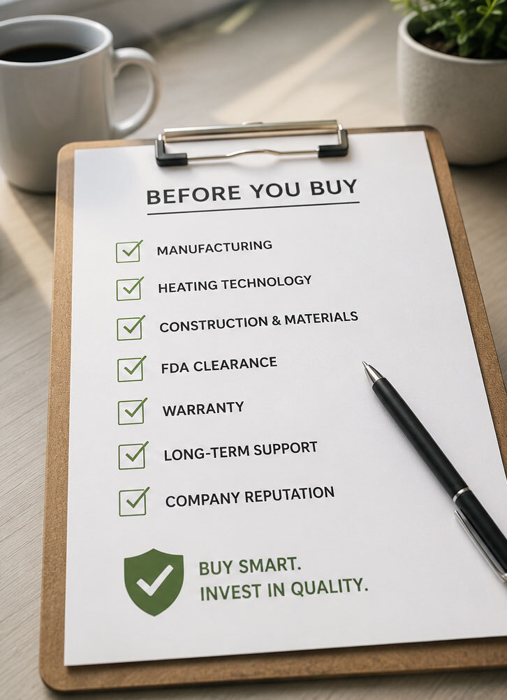 Checklist of things to ponder before buying a therapy mat. Says, "Before You Buy: 1. Manufacturing 2. Heating technology 3. Construction & materials 4. FDA clearance 5. Warranty 6. Long-term support 7. Company reputation". Then below it it says, "Buy smart. Invest in quality".