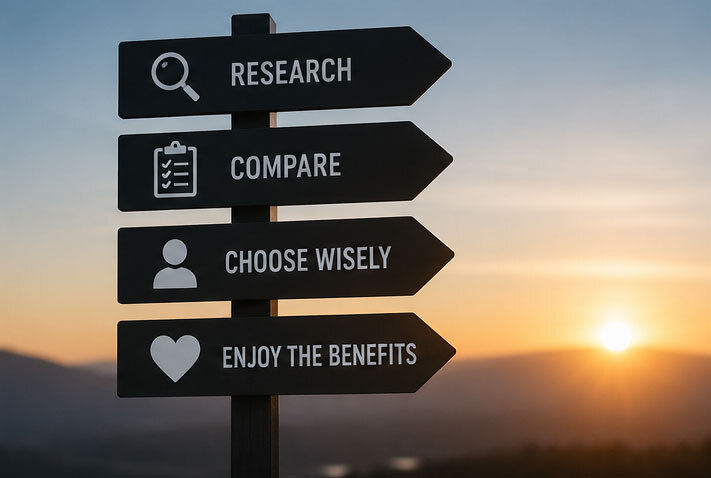 Sign post outside with many directional arrows pointing the same way as if telling you to "Research. Compare. Choose Wisely. Enjoy the benefits".