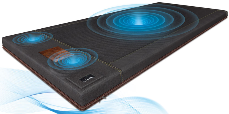 Richway BioAcoustic Mat against white backgound with sound waves coming off of it