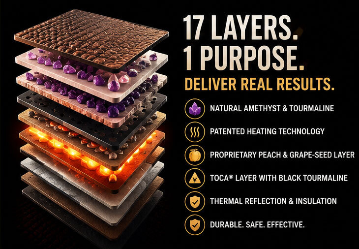 Layers of the Biomat displayed.  Headline says, "17 Layers - One Purpose". "Deliver Real Results". Then it says below, "Natural amethyst & Tourmaline.Patented heating technology. Proprietary peach & grape seed layer. TOCA layer with black tournaline. Thermal reflection & insulation. Durable. Safe. Effective." 