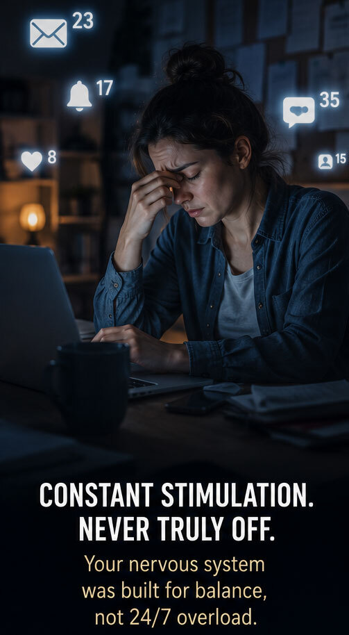 Woman exhausted sitting in front of laptop with her head in her hand.  Images says, "Constant stimulation.  Never truly off. Your nervous system was built for balance, not overload."