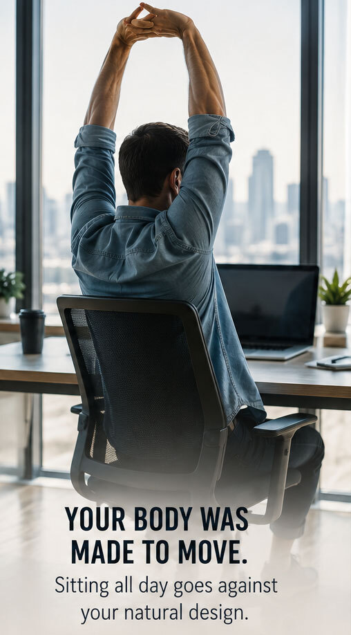 Man sitting in front of laptop stretching. Images says, "Your body was built to move.Sitting all day goes against your natural design."