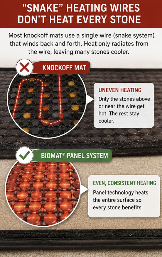 The heating system on other mats is a snake wire that only heats some of the amethyst