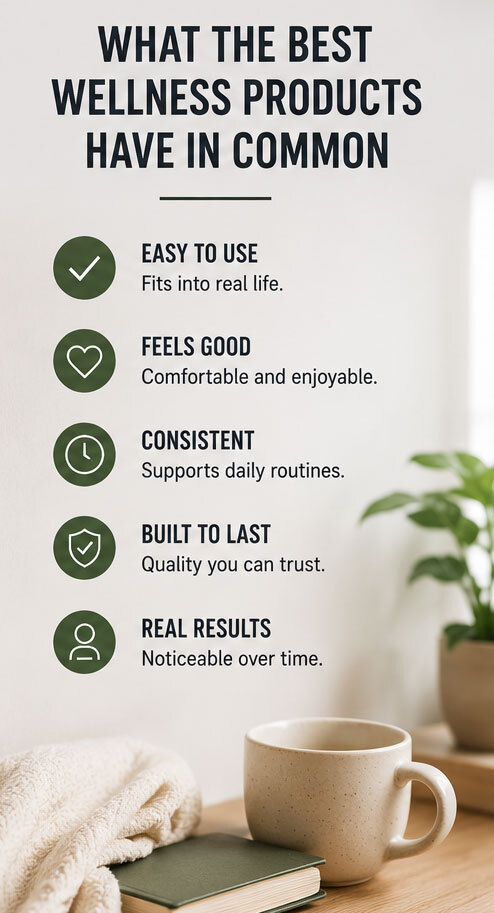 Graphic that asks what the best wellness products have in common: 1. Easy to use 2. Feels good 3. Consistent 4. Built to last 5. Real Results