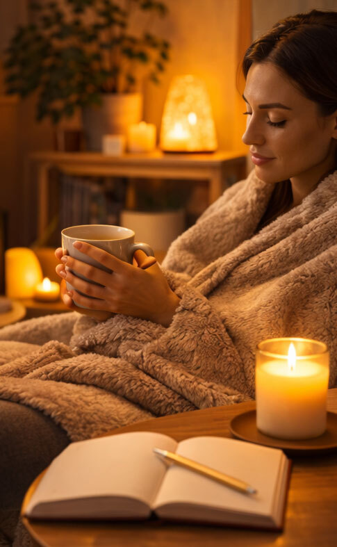 Person relaxing in a warm cozy living room environment representing heated wellness technology and comfort at home