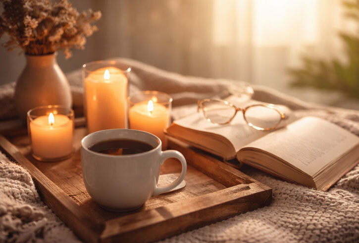 Infrared mat relaxation session with woman resting comfortably in a calm home environment