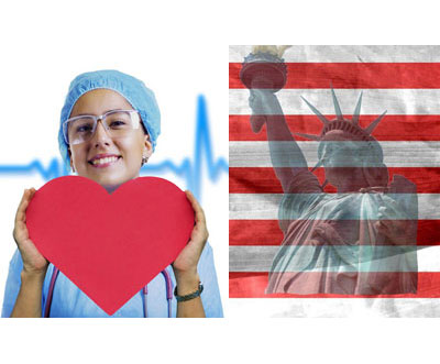 Graphic showing healthcare professional with a heart between her hands and the statue of liberty