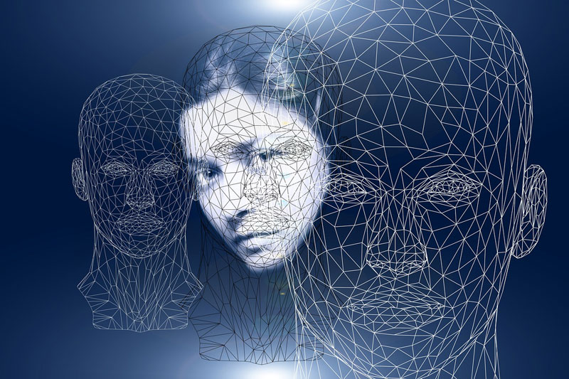 picture of a woman's head with illustrations of human heads in the background and foreground