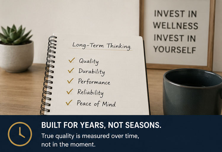Book open with "Long Term Thinking" as title on page. Image says, "Built for years, not seasons. True quality is measured over time, not in the moment".