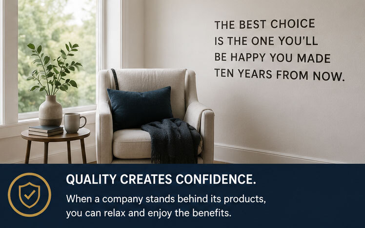 inviting space with chair. Image says, "Quality Creates Confidence." and "When a company stands behind its products, you can relax and enjoy the benefits".