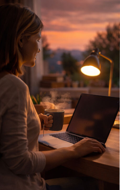 Person closing a laptop at sunset in a softly lit home workspace as part of an evening wind-down routine