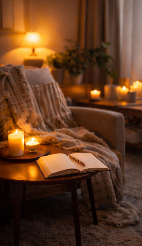 Cozy living room with candles, blanket, and journal creating a peaceful space for an evening wind-down routine