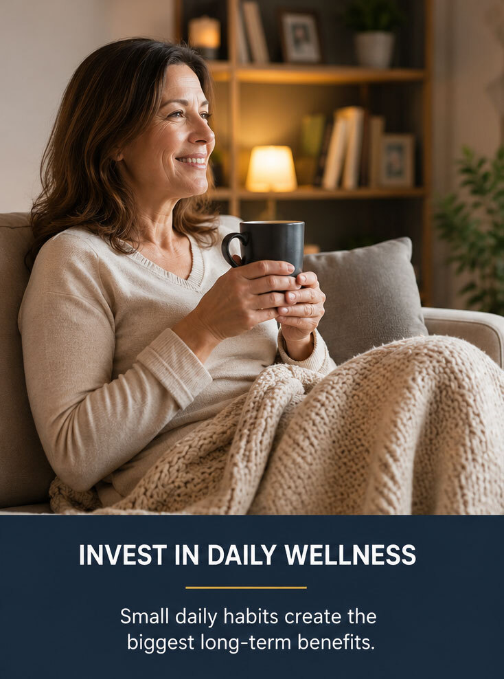 Woman sitting and smiling with a cup in her hand. Below it says, "Invest in Daily Wellness. Small habits create the biggest long-term habits". 