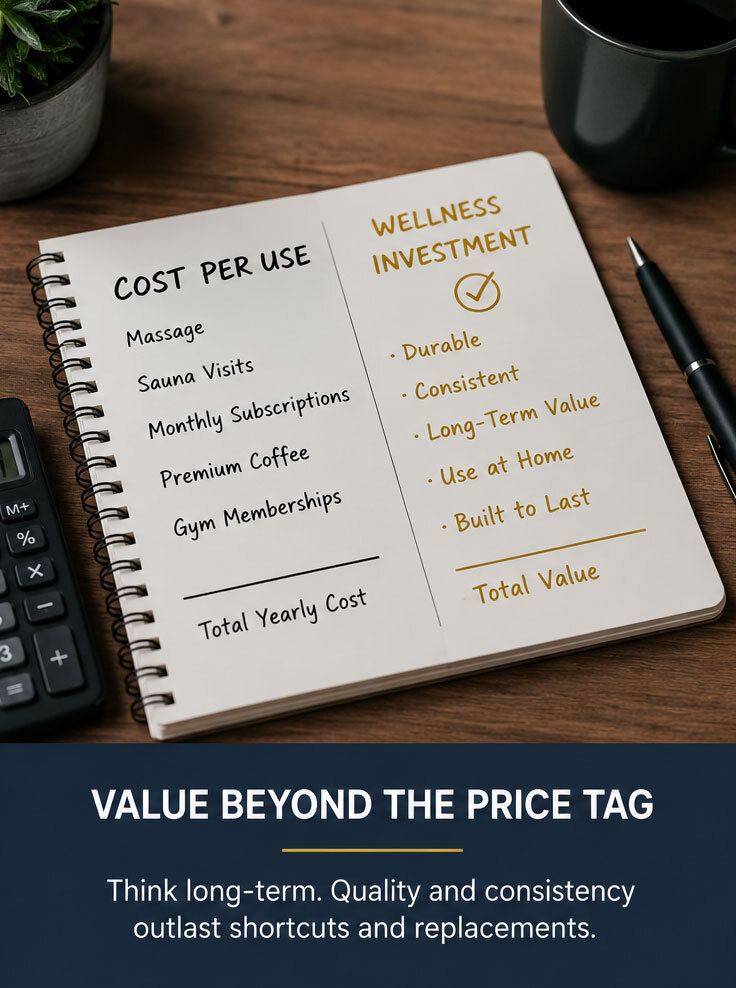 Image of open book. One page has a list of self-care options and has a title that says, "Costs per use" and the other side has "Wellness Investment" as the title.  Below, it says, "Value beyond the price tag" and "Think long-term. Quality and consistency outlast shortcuts and replacements".  