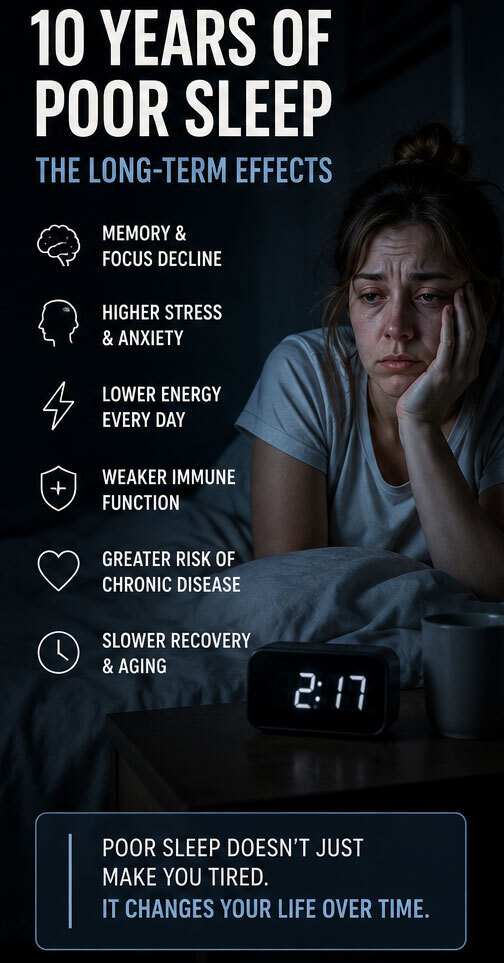 10 Years of Poor Sleep - Long Term Affects: 1. Memory and focus decline 2. More stress and anxiety 3. Lower energy 4. Weaker Immune system 5. Greater risk of chronic disease 6. Slower recovery and aging
