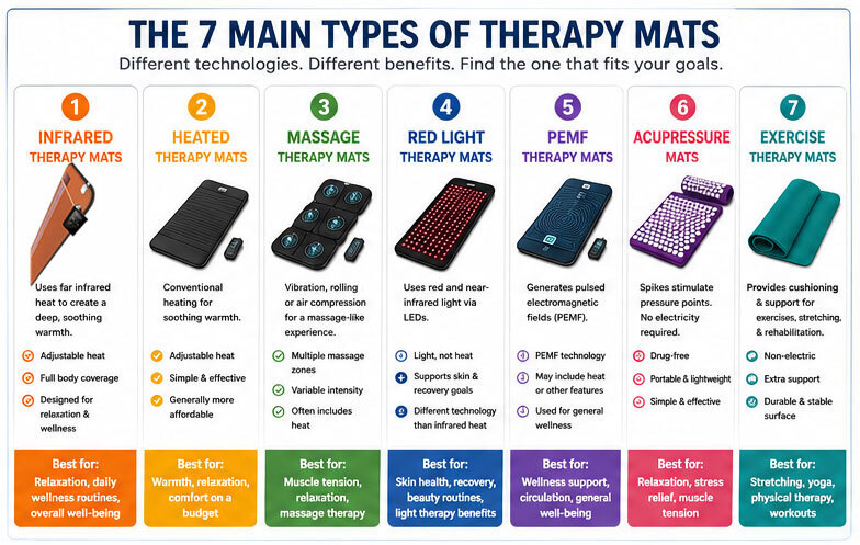 Information graphic outlines the seven main types of therapy mats: infrared, heated, massage, red light, PEMF, accupressure, and exercise.  It briefly explains the differences of each type of therapy mat.