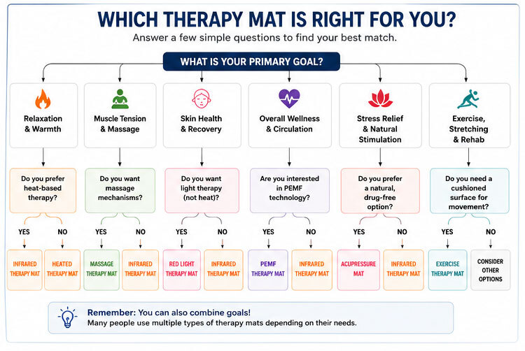 Info graphic outlines the benefits of each of the seven main types of therapy mats and helps customer decide which mat might be right for them.