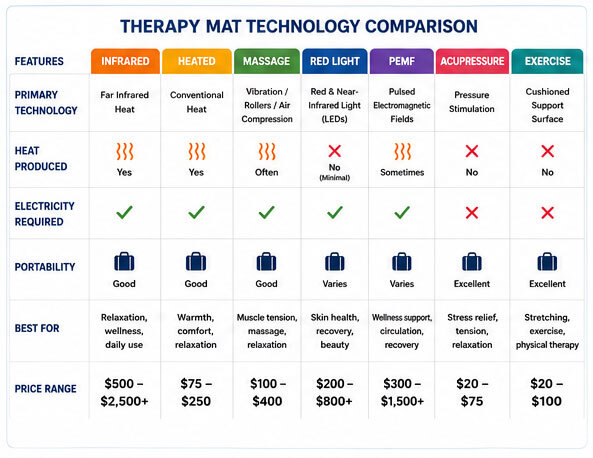 Information graphic goes over the different technologies each of the seven main types of therapy mats use.