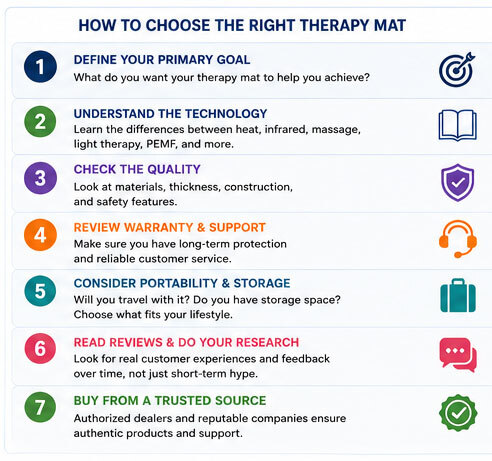 Info graphic goes over what to keep in mind when trying to determine what therapy mat is right for you.