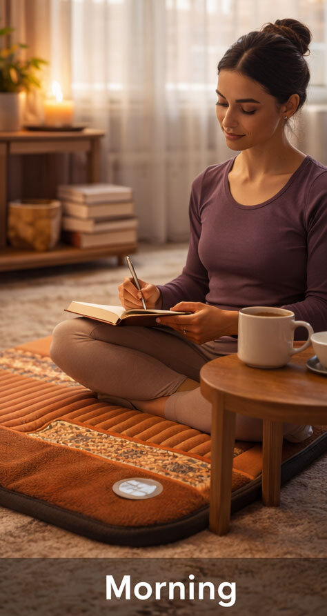 Morning routine with person journaling in natural light as part of a calm daily wellness routine