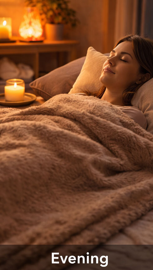Evening wind-down routine with person resting under a blanket in a softly lit, cozy home setting