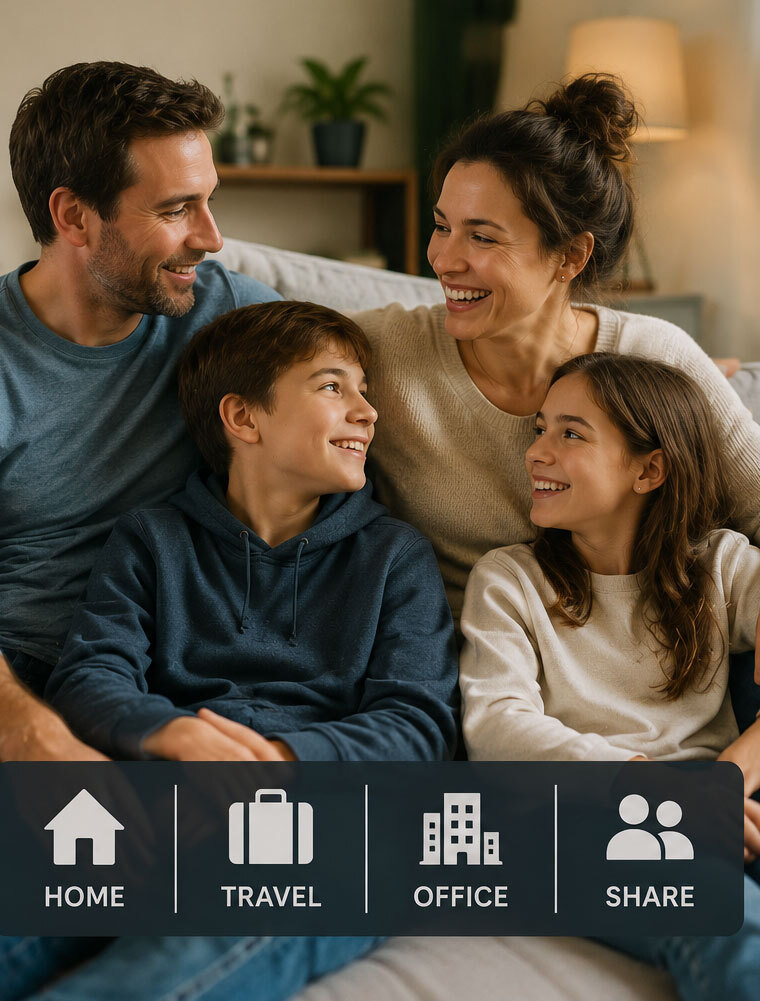 Happy familyh sitting on the couch together with the text, "Home. Travel. Office. Share."