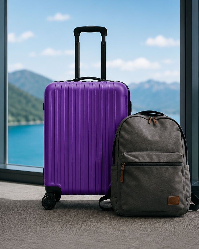 Professional Biomat carrying case next to a backpack on the ground in front of a window with a breathtaking nature view.